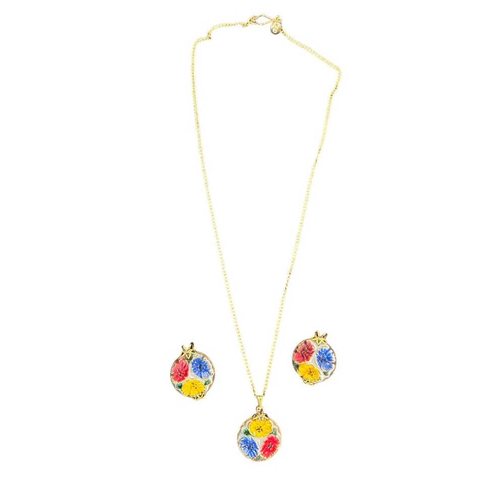 Vintage HILLCRAFT Floral Jewelry Set Necklace Pendant & Clip On Earrings In Box